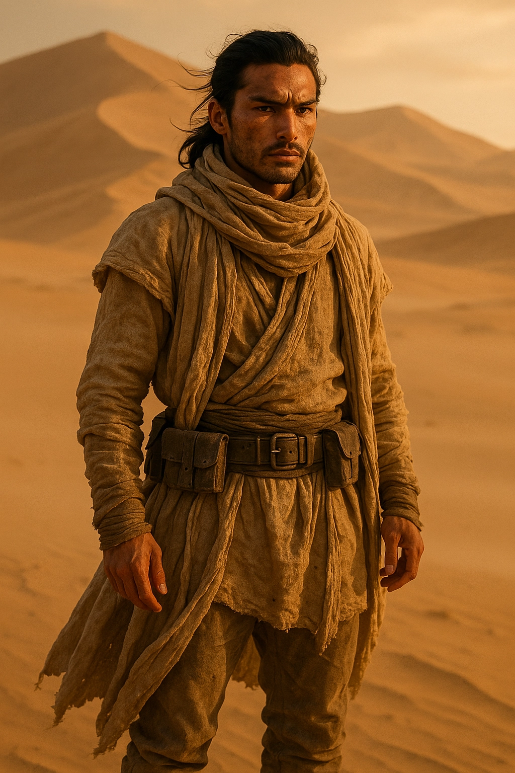 Sun-tanned skin, athletic build, long black hair tied back, sharp features, dust-covered face.