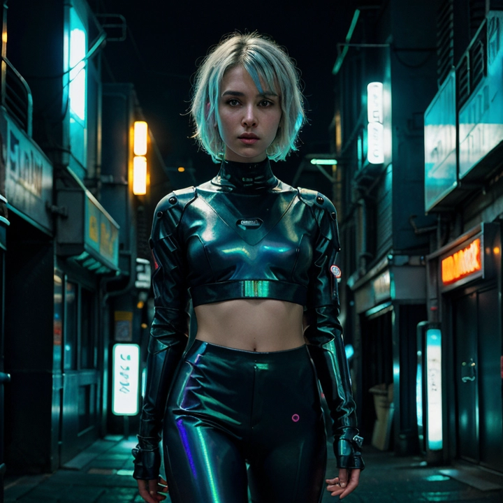 EA futuristic cyberpunk girl standing in a neon-lit alleyway at night, wearing glowing tech armor, short silver hair with LED streaks, holding a holographic device — ultra-detailed, moody lighting, Blade Runner style.