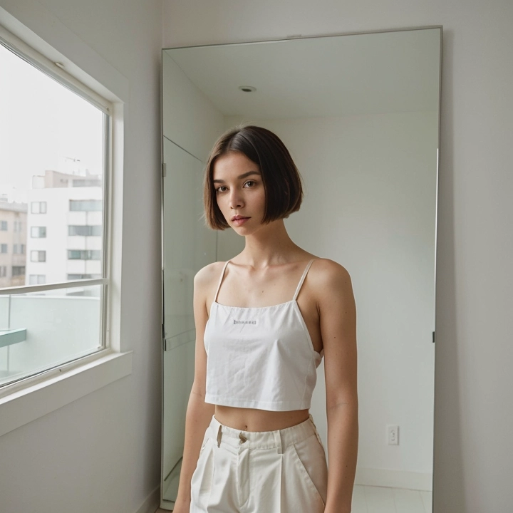 A stylish Gen-Z girl taking a mirror selfie in a minimalist apartment, wearing trendy streetwear, sleek bob haircut, neutral colors — Instagram aesthetic, natural lighting, high realism.