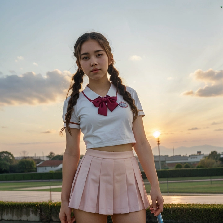 Cute anime girl in a magical high school uniform, with twin tails, holding a glowing sword, standing in front of a sunset sky, petals blowing in the wind — anime style, soft cel shading.