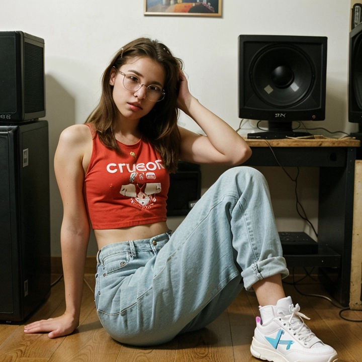 A 90s-inspired gamer girl sitting on the floor with a PlayStation controller, wearing baggy jeans, a crop top, and colored sunglasses, surrounded by CRT monitors and posters — nostalgic vibe, warm lighting.
