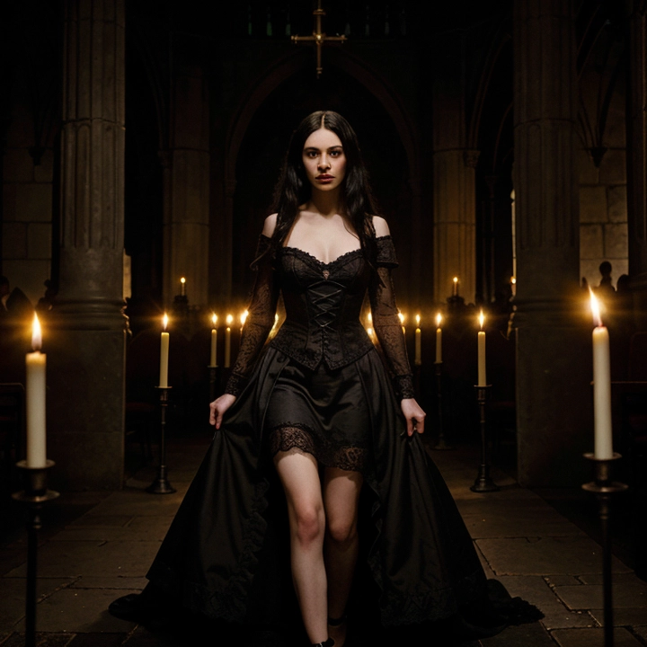 A gothic vampire girl with pale skin, long black hair, red glowing eyes, dressed in elegant Victorian lace, standing in a candlelit cathedral — gothic horror, high detail, dramatic shadows.