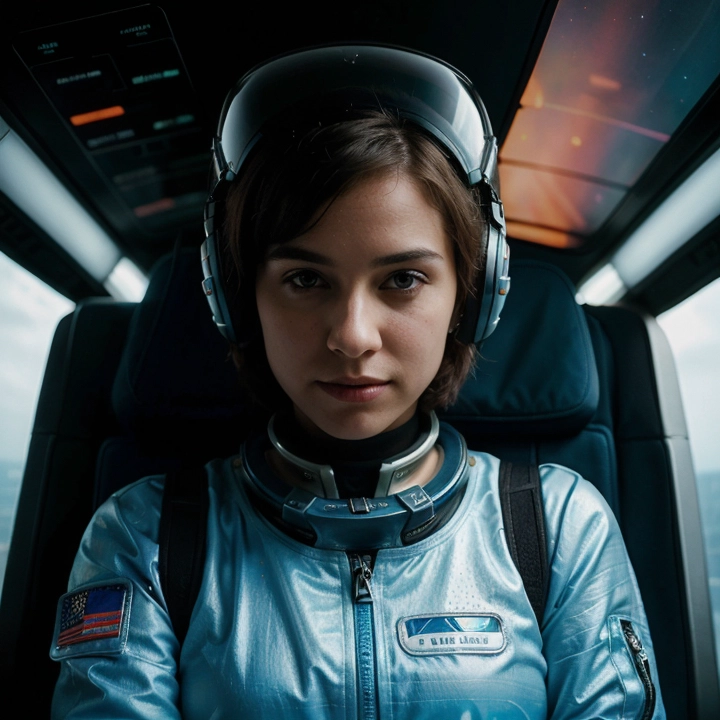 A sci-fi girl pilot in a high-tech cockpit, wearing a space suit with holographic UI displays reflecting in her helmet, short spiky hair, confident expression — cinematic lighting, ultra-realistic.