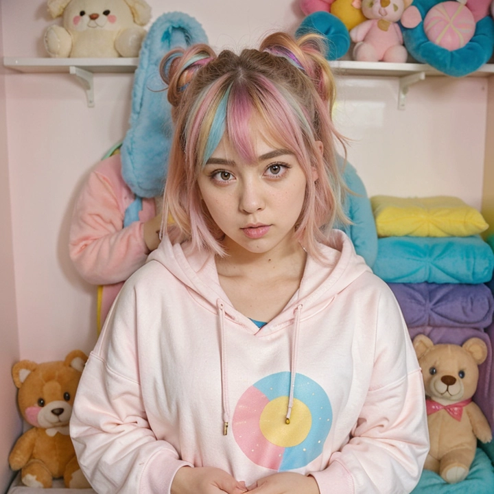 A kawaii anime girl with big sparkly eyes, pastel rainbow hair, cute oversized hoodie, surrounded by plush toys and candy — pastel tones, playful and vibrant style.